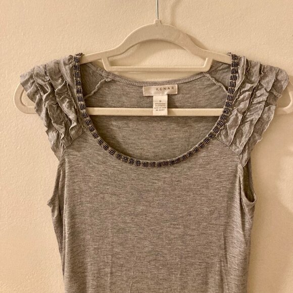Kenar Heather Grey Ruffled Cap Sleeves Graphite Beadwork Size S - Picture 2 of 8